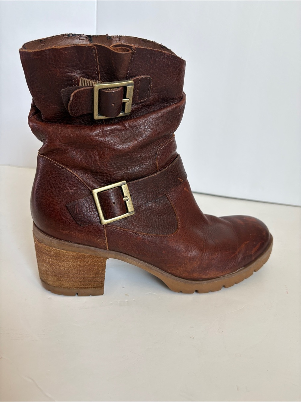 Korks burgundy brown ankle slouch leather moto boot gold hardware zip close - Picture 12 of 16